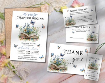 May include: A collection of baby shower stationery featuring a floral and butterfly theme. The invitation reads "a new CHAPTER BEGINS" and includes event details. Additional cards include "BOOKS FOR BABY", "DIAPER RAFFLE", and "THANK you".