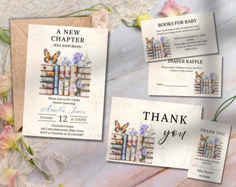 May include: A baby shower invitation with a book theme. The invitation features a stack of books with flowers and butterflies. The text on the invitation reads "A New Chapter - Will Soon Begin -" and includes the name Amelia Jones, the date October 12, and the time 3:00 PM.