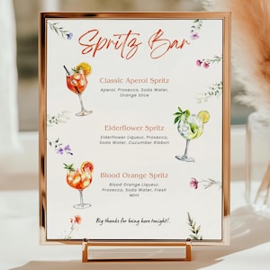 Aperol Spritz Barschild, Hochzeit Barschild, Cocktailkarte Abschlussfeier, Limoncello Hugo Spritz, Wildblumen Getränkekarte, druckbare Canva Vorlage