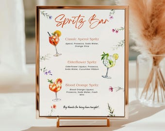 Letrero de bar de Aperol Spritz, letrero de bar para bodas, menú de cócteles de graduación, Limoncello Hugo Spritz, menú de bebidas Wildflower, plantilla imprimible de Canva