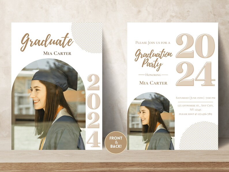 This graduation invitation template features a classic and modern invite with a unique twist. It has an arched photo frame so you can add your own pic. All  the graduation invite is customizable. Edit in Canva Free, available to print professionally.