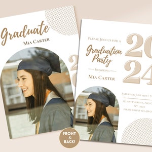 This graduation invitation template features a classic and modern invite with a unique twist. It has an arched photo frame so you can add your own pic. All  the graduation invite is customizable. Edit in Canva Free, available to print professionally.