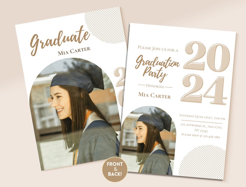 This graduation invitation template features a classic and modern invite with a unique twist. It has an arched photo frame so you can add your own pic. All  the graduation invite is customizable. Edit in Canva Free, available to print professionally.