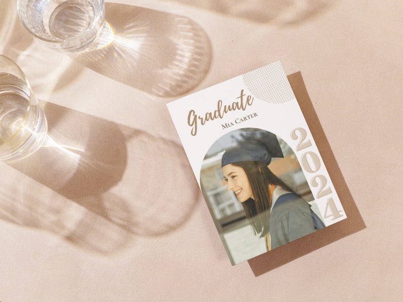 This graduation invitation template features a classic and modern invite with a unique twist. It has an arched photo frame so you can add your own pic. All  the graduation invite is customizable. Edit in Canva Free, available to print professionally.