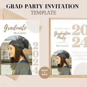 This graduation invitation template features a classic and modern invite with a unique twist. It has an arched photo frame so you can add your own pic. All  the graduation invite is customizable. Edit in Canva Free, available to print professionally.