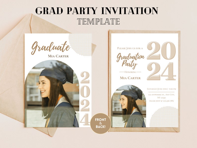 This graduation invitation template features a classic and modern invite with a unique twist. It has an arched photo frame so you can add your own pic. All  the graduation invite is customizable. Edit in Canva Free, available to print professionally.