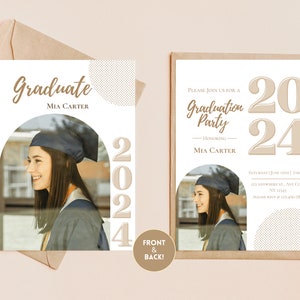 This graduation invitation template features a classic and modern invite with a unique twist. It has an arched photo frame so you can add your own pic. All  the graduation invite is customizable. Edit in Canva Free, available to print professionally.