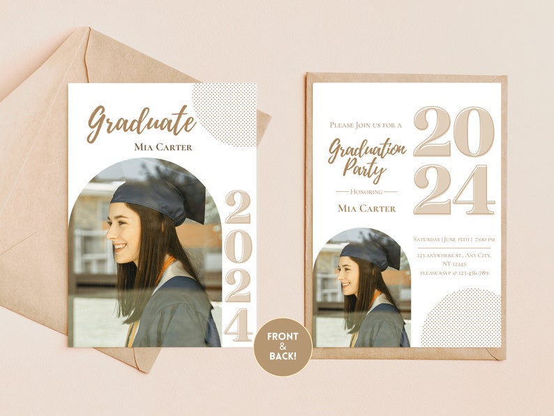 This graduation invitation template features a classic and modern invite with a unique twist. It has an arched photo frame so you can add your own pic. All  the graduation invite is customizable. Edit in Canva Free, available to print professionally.