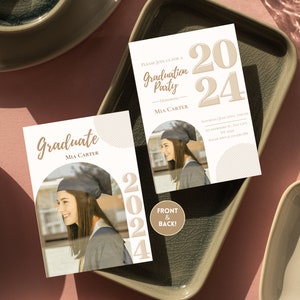 This graduation invitation template features a classic and modern invite with a unique twist. It has an arched photo frame so you can add your own pic. All  the graduation invite is customizable. Edit in Canva Free, available to print professionally.