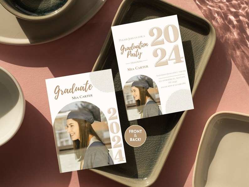 This graduation invitation template features a classic and modern invite with a unique twist. It has an arched photo frame so you can add your own pic. All  the graduation invite is customizable. Edit in Canva Free, available to print professionally.