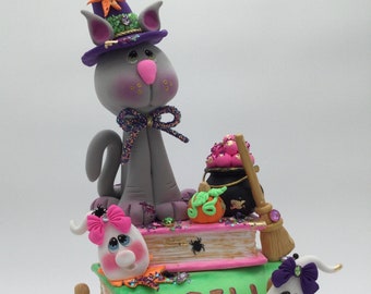 Zauberbuch, Halloween-Katze, Tischdekoration, Herbstdeko