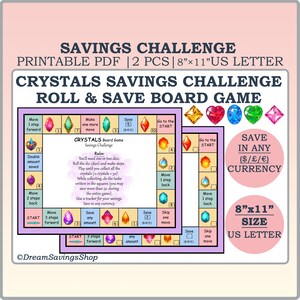 Könnte beinhalten: Ein druckbares Crystals Savings Challenge Brettspiel mit lila Rand. Das Spiel enthält Felder zum Sparen von Geld, Anweisungen und farbenfrohe kristallförmige Spielsteine. Das Spiel hat eine Größe von 20,3 cm x 28 cm.