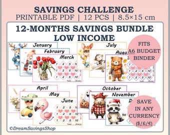 May include: A printable 12-month savings bundle for low income, featuring illustrated monthly challenges. Each month has a unique theme with cute animal characters. The bundle is 8.5 x 15 cm and fits an A6 budget binder.