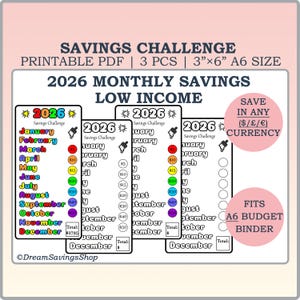 May include: Printable PDF savings challenge for 2026, designed for low-income budgeting. The design includes monthly savings goals, with a total savings amount. The design is 3"x6" and fits an A6 budget binder. The design allows savings in any currency.