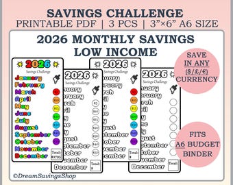 2026 Printable Money Savings Challenge, Ink & Rainbow-friendly Savings, A6 Savings Challenge, 12-Months Savings Challenge, Low Income