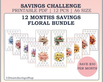 12 Months Savings Challenge Bundle, 50 Dollar Monthly Saving Tracker, A6 Floral Savings, Low Income Money Challenge, Yearly Saving Printable
