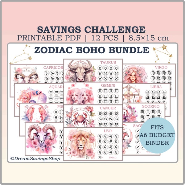 Zodiac Boho, Money Challenge Bundle, Zodiac Signs Saving, Money Saving Challenge, Saving Tracker Binder, Boho Style, Digital Money Challenge