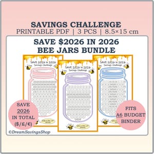 Könnte beinhalten: Ein Bundle aus drei druckbaren PDF-Spar-Challenges. Jede Challenge zeigt ein Glas-Design in einer anderen Pastellfarbe. Der Text lautet "Save $2026 in 2026 Bee Jars Bundle". Die Abmessungen betragen 8,5 x 15 cm.