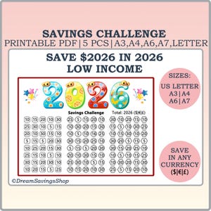Save 2026 in 2026 Savings Challenge, Printable Money Savings Challenge, A3 A4 A6 A7 Savings Tracker, US Letter Savings Challenge