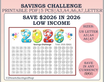 Save 2026 in 2026 Savings Challenge, Printable Money Savings Challenge, A3 A4 A6 A7 Savings Tracker, US Letter Savings Challenge