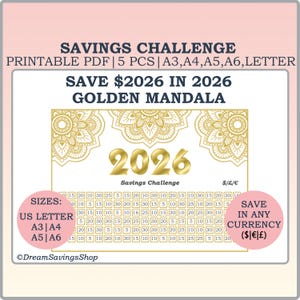 Könnte beinhalten: Eine druckbare PDF-Spar-Challenge mit goldenem Mandala-Design. Der Text lautet "Spare 2026 $ im Jahr 2026" und enthält eine Tabelle zur Verfolgung der Ersparnisse. Erhältlich in den Größen US Letter, A3, A4, A5 und A6. Sparen Sie in jeder Währung.