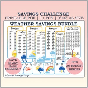 May include: A printable PDF bundle of 11 weather-themed savings challenge trackers. Each tracker features a different weather icon, such as a sun, cloud, or rain. The trackers are designed to fit in an A6 budget binder. The text on the image reads "Savings Challenge Printable PDF | 11 PCS | 3"x6" A6 Size Weather Savings Bundle Save in any ($/£/€) Currency DreamSavingsShop"