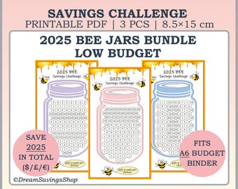 2025 BEE Coin Jars Money Savings Challenge Bundle, Save 2025 in 2025, Printable A6 Savings Tracker, Low Budget Saving, Mini Saving Challenge