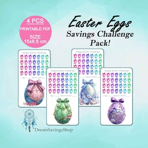 May include: Four printable Easter egg savings challenge cards. Each card features a colorful, decorated egg with a bow and a grid of 48 eggs to color in as you save money. The cards are 15 by 8.5 cm.