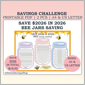 Puede incluir: Desafío de ahorro imprimible con tres tarros de cristal con temática de abejas. El texto dice "Save $2026 in 2026" y "BEE JARS SAVING". El diseño incluye el texto "SAVE 2026 IN TOTAL" y "SIZES: A4 & US LETTER".