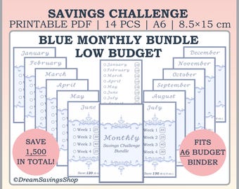 Monthly Savings Challenges Bundle | A6 Blue Printable Money Stuffing Tracker | 14 Pages Budget Binder Savings Planner, Monthly Printables