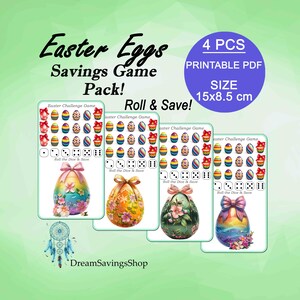 May include: Four printable Easter egg savings game cards. Each card features a colorful decorated egg with a dice roll and save game. The cards are 15 by 8.5 centimeters.