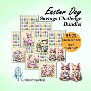May include: A collection of six printable Easter Day Savings Challenge cards. Each card features a colourful egg design and a cute bunny illustration. The cards are 15x8.5 cm in size and are labelled "Happy Easter Challenge".