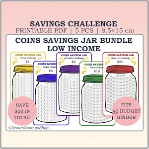 Coin Jars Money Savings Challenge Bundle, A6 Printable Coin Saving Tracker, Dime Penny Nickel Quarter Savings, A6 Budget Binder, Kids Saving