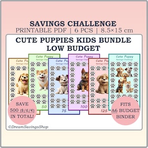 Cute Puppies Kids Savings Challenges Bundle, Printable A6 Budget Sheets for Kids, Low Income Saving, Dog themed Savings Challenge, A6 Binder
