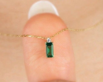 Gold Emerald Necklace 14K Gold 925 Sterling Silver Necklace Gift Dainty Emerald Green Square Necklace CZ Diamond