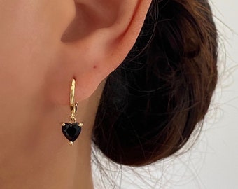 Gold plated heart earrings black, 925 Sterling silver 18k hoop earrings, birthstone earrings, gift for her, onyx black ruby sapphire ruby