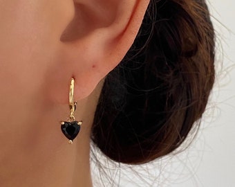 Orecchini a cuore placcati in oro neri, orecchini a cerchio in argento sterling 925 18k, orecchini con pietre portafortuna, regalo per lei, onice nero rubino zaffiro rubino