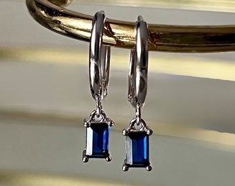 Silver earrings 925 sterling silver blue square hoop earrings with stone