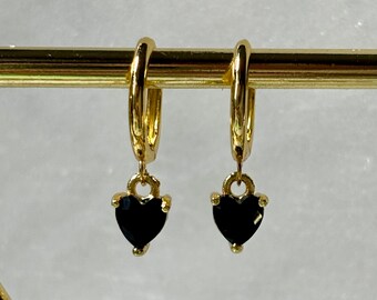 Gold plated heart earrings black, 925 Sterling silver 18k hoop earrings, birthstone earrings, gift for her, onyx black ruby sapphire ruby