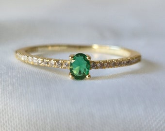 14k Gold Ring Oval Engagement Ring Gold Plated 925 Sterling Silver Emerald Green Stone Dainty, Solitaire Ring • Cybele Jewelry •