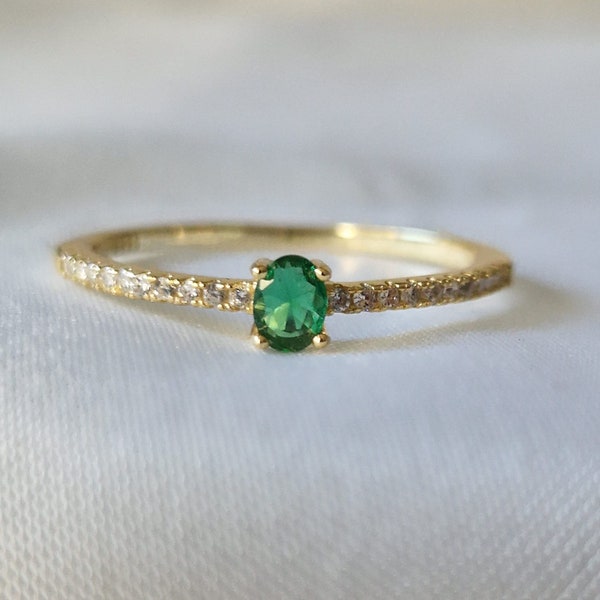 14k Gold Ring Oval Engagement Ring Gold Plated 925 Sterling Silver Emerald Green Stone Dainty, Solitaire Ring • Cybele Jewelry •