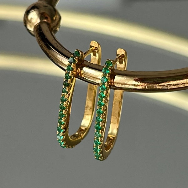 Green earrings gold 18k 925 sterling silver emerald green dainty U - hoop earrings gold plated square earrings golden earrings