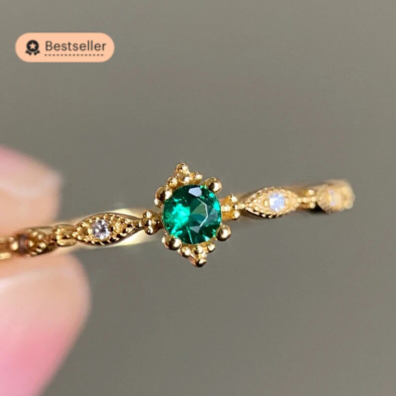 14k gold ring engagement ring gold plated 925 sterling silver emerald green stone dainty filigree ring Cybele image 1