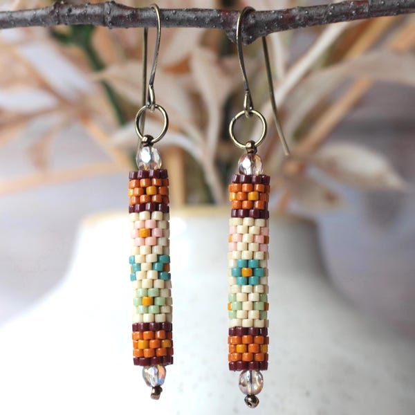 Beaded Dangle Earrings - Handmade Small Boho Peyote Tube Jewelry