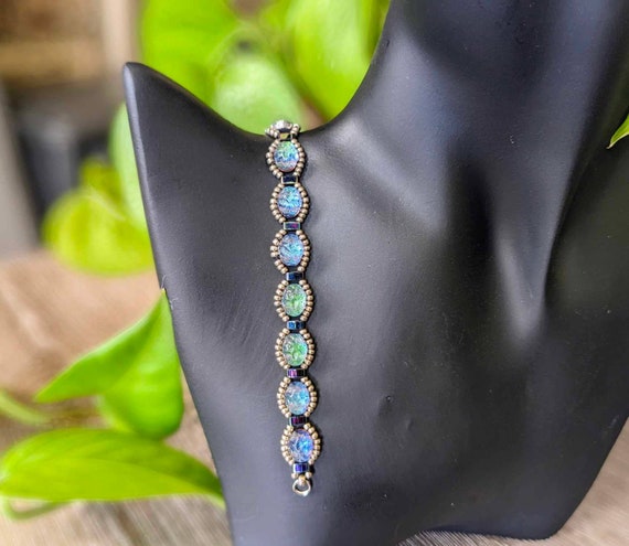 Blue and Green Iridescent Bracelet, Beaded Handmade, Petite  display picture 1