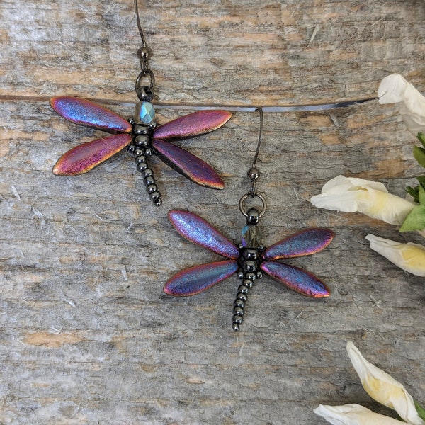 Dragonfly Iridescent Beaded Earrings, Handmade, Purple, Pink, Yellow, Blue Color Shift Earrings, Gorgeous Gift,  Lightweight