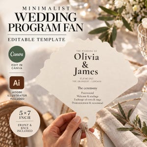 Peut inclure: Un éventail de programme de mariage de couleur crème avec des bords festonnés, portant le texte noir The Wedding of Olivia & James, 17 June 2027, The Orangery, London, et le déroulement de la cérémonie. Un ruban beige est noué à la base.