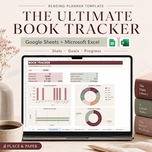 Puede incluir: Una plantilla de planificador de lectura digital titulada The Ultimate Book Tracker para Google Sheets y Microsoft Excel. La pantalla muestra un panel con gráficos, estadísticas de lectura y barras de progreso para el año 2026 en tonos suaves.