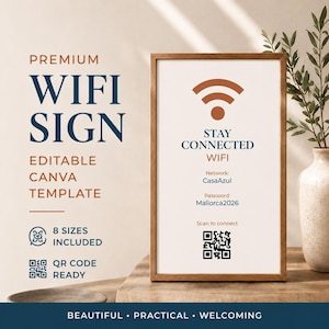 Puede incluir: Un marco de madera rectangular que contiene un letrero blanco con un icono de WiFi color óxido, el texto STAY CONNECTED WIFI, Network: CasaAzul, Password: Mallorca2026 y un código QR negro. El letrero también incluye el texto Scan to connect.