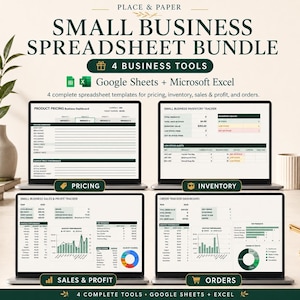 Puede incluir: Un paquete digital de cuatro plantillas de hojas de cálculo para pequeñas empresas, compatibles con Google Sheets y Microsoft Excel. La imagen muestra cuatro pantallas de ordenador con paneles de control de precios, inventario, ventas y pedidos.